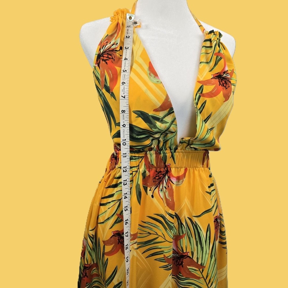 Yellow Floral Halter Dress Tropical Print Open Back Ruffle Bottom - Picture 7 of 9
